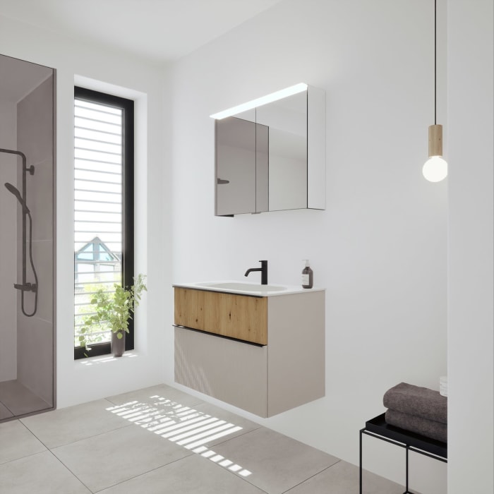 burgbad Fiumo 2.0 Badmöbelset 82 cm mit Waschtisch mit Unterschrank mit Griff G0200 und Spiegelschrank