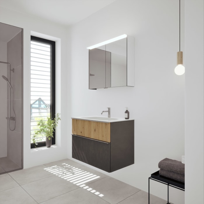 burgbad Fiumo 2.0 Badmöbelset 82 cm mit Waschtisch mit Unterschrank mit Griff G0146 und Spiegelschrank