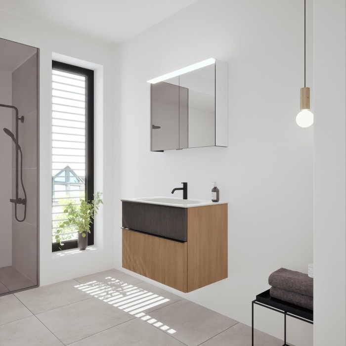 burgbad Fiumo 2.0 Badmöbelset 82 cm mit Waschtisch mit Unterschrank mit Griff G0200 und Spiegelschrank