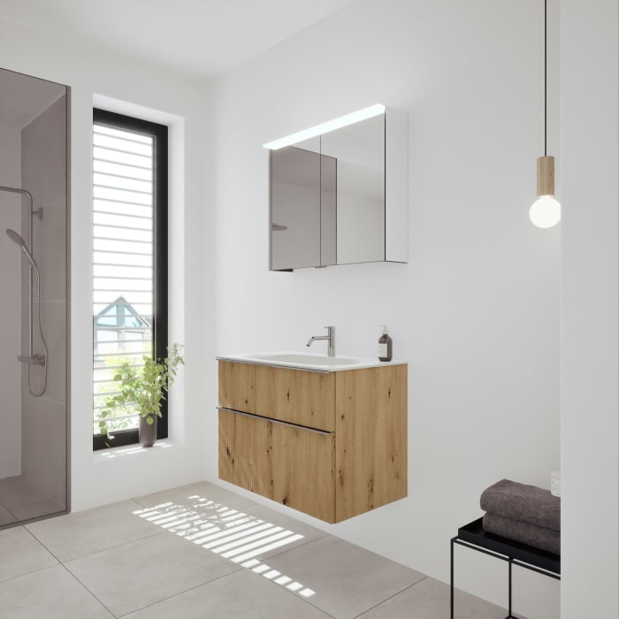 burgbad Fiumo 2.0 Badmöbelset 82 cm mit Waschtisch mit Unterschrank mit Griff G0146 und Spiegelschrank