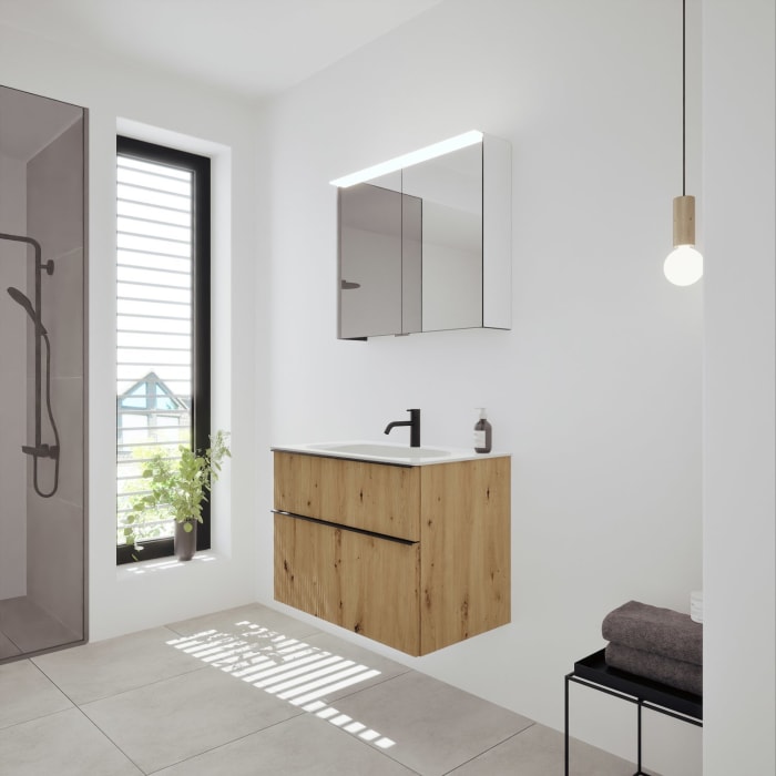 burgbad Fiumo 2.0 Badmöbelset 82 cm mit Waschtisch mit Unterschrank mit Griff G0200 und Spiegelschrank