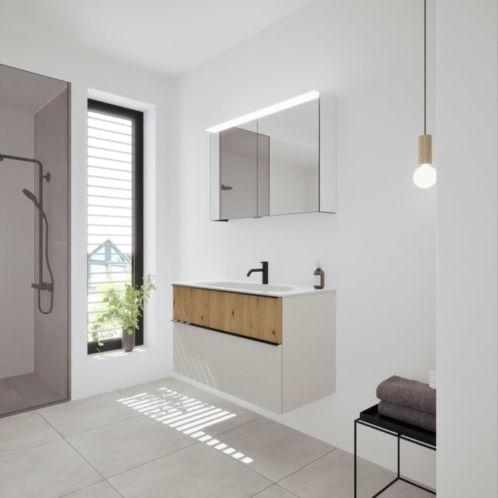 burgbad Fiumo 2.0 Badmöbelset 102 cm mit Waschtisch mit Unterschrank mit Griff G0200 und Spiegelschrank