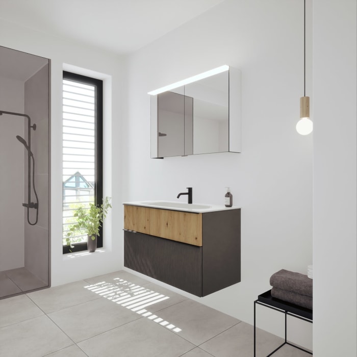 burgbad Fiumo 2.0 Badmöbelset 102 cm mit Waschtisch mit Unterschrank mit Griff G0200 und Spiegelschrank