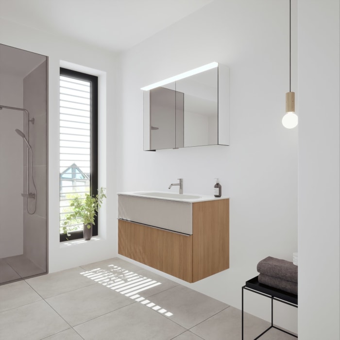 burgbad Fiumo 2.0 Badmöbelset 102 cm mit Waschtisch mit Unterschrank mit Griff G0146 und Spiegelschrank