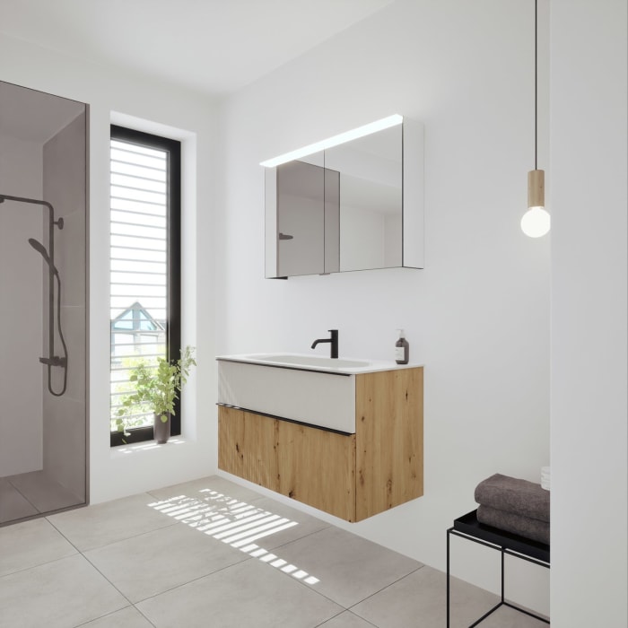 burgbad Fiumo 2.0 Badmöbelset 102 cm mit Waschtisch mit Unterschrank mit Griff G0200 und Spiegelschrank