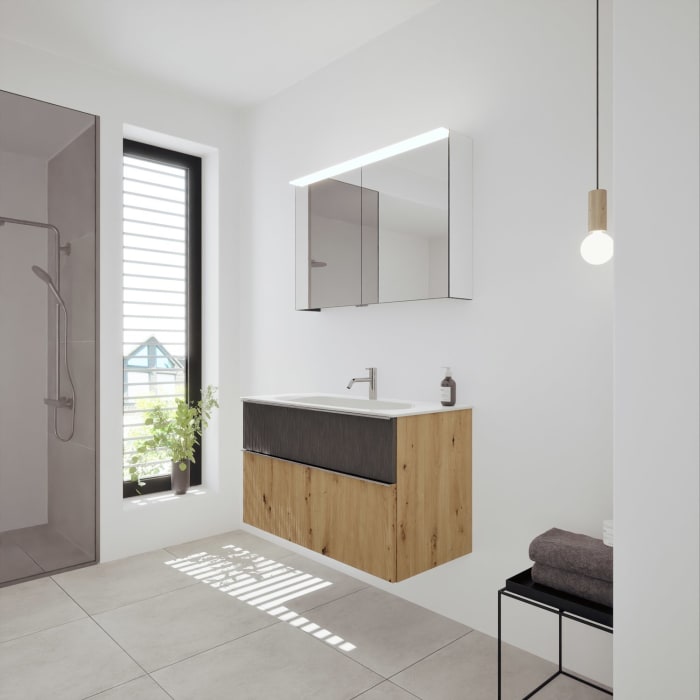 burgbad Fiumo 2.0 Badmöbelset 102 cm mit Waschtisch mit Unterschrank mit Griff G0146 und Spiegelschrank