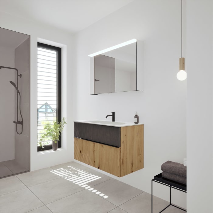 burgbad Fiumo 2.0 Badmöbelset 102 cm mit Waschtisch mit Unterschrank mit Griff G0200 und Spiegelschrank