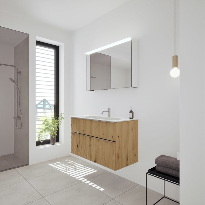 burgbad Fiumo 2.0 Badmöbelset 102 cm mit Waschtisch mit Unterschrank mit Griff G0146 und Spiegelschrank