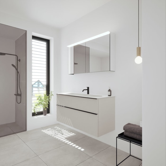 burgbad Fiumo 2.0 Badmöbelset 122 cm mit Waschtisch mit Unterschrank mit Griff G0200 und Spiegelschrank