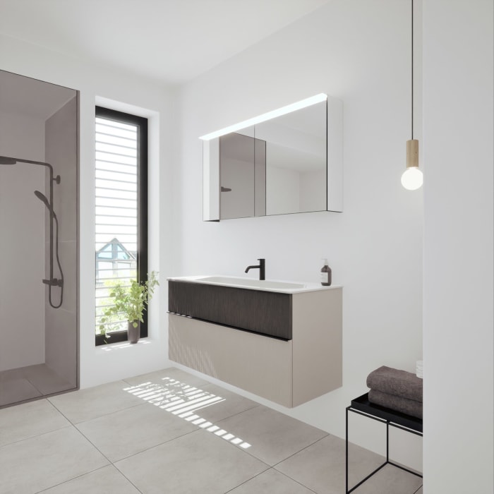 burgbad Fiumo 2.0 Badmöbelset 122 cm mit Waschtisch mit Unterschrank mit Griff G0200 und Spiegelschrank