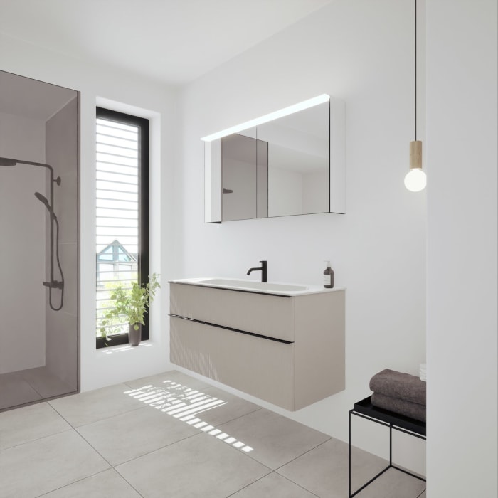 burgbad Fiumo 2.0 Badmöbelset 122 cm mit Waschtisch mit Unterschrank mit Griff G0200 und Spiegelschrank