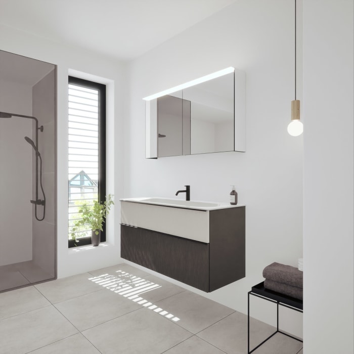 burgbad Fiumo 2.0 Badmöbelset 122 cm mit Waschtisch mit Unterschrank mit Griff G0200 und Spiegelschrank