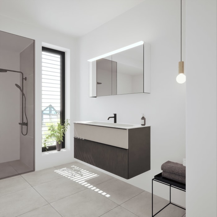 burgbad Fiumo 2.0 Badmöbelset 122 cm mit Waschtisch mit Unterschrank mit Griff G0200 und Spiegelschrank