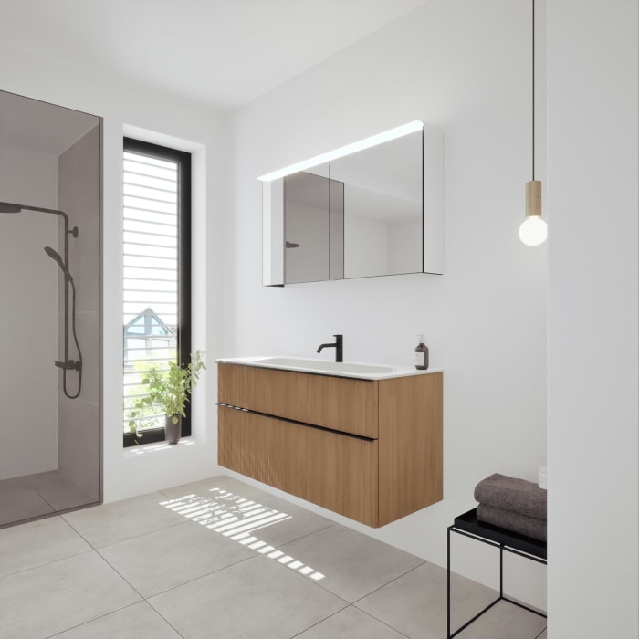 burgbad Fiumo 2.0 Badmöbelset 122 cm mit Waschtisch mit Unterschrank mit Griff G0200 und Spiegelschrank