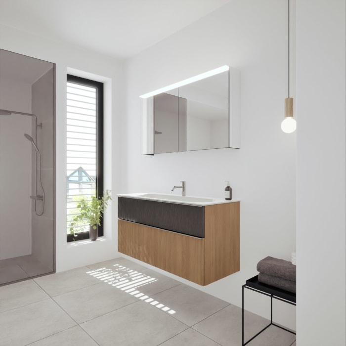 burgbad Fiumo 2.0 Badmöbelset 122 cm mit Waschtisch mit Unterschrank mit Griff G0146 und Spiegelschrank