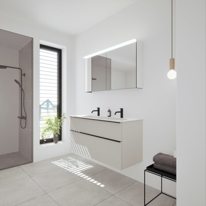 burgbad Fiumo 2.0 Badmöbelset 122 cm mit Waschtisch mit Unterschrank mit Griff G0200 und Spiegelschrank