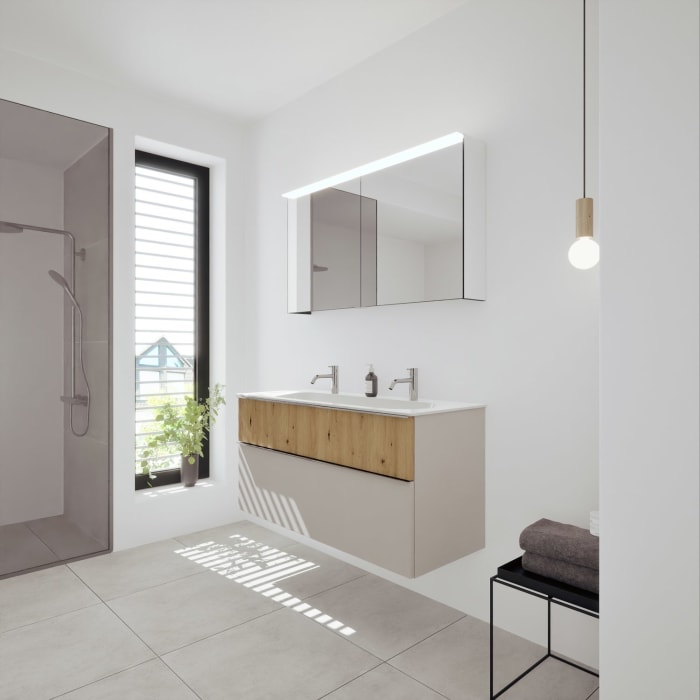 burgbad Fiumo 2.0 Badmöbelset 122 cm mit Waschtisch mit Unterschrank mit Griff G0146 und Spiegelschrank