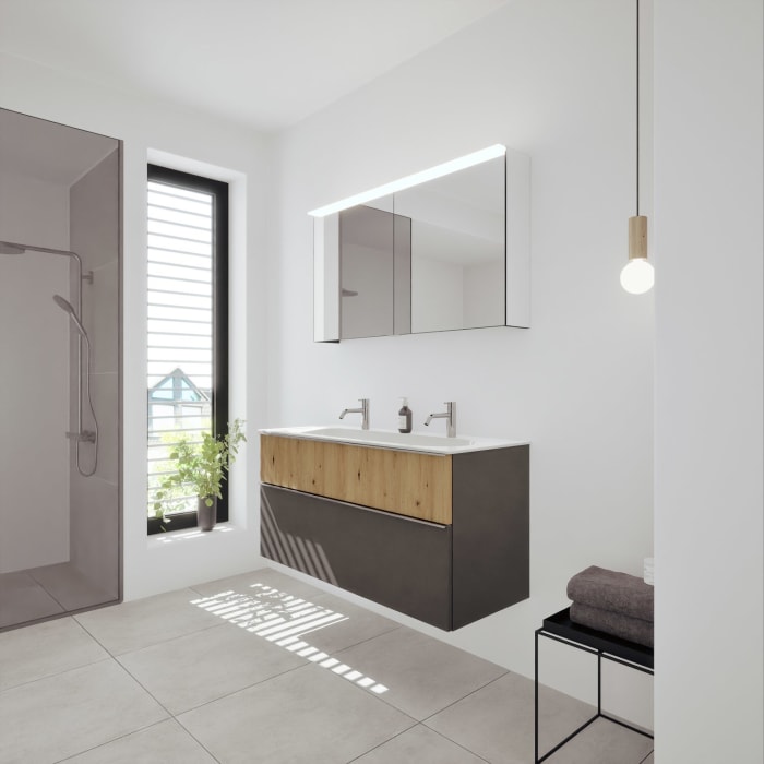 burgbad Fiumo 2.0 Badmöbelset 122 cm mit Waschtisch mit Unterschrank mit Griff G0146 und Spiegelschrank