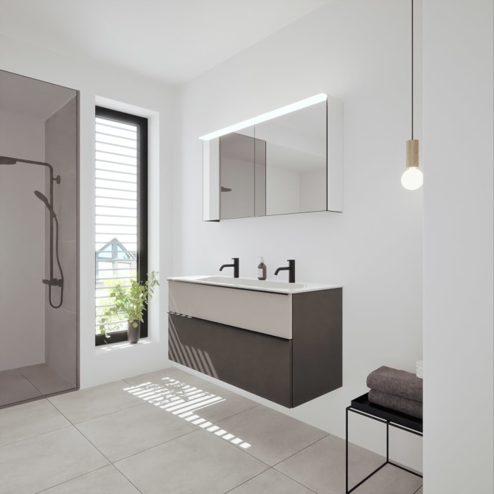 burgbad Fiumo 2.0 Badmöbelset 122 cm mit Waschtisch mit Unterschrank mit Griff G0200 und Spiegelschrank