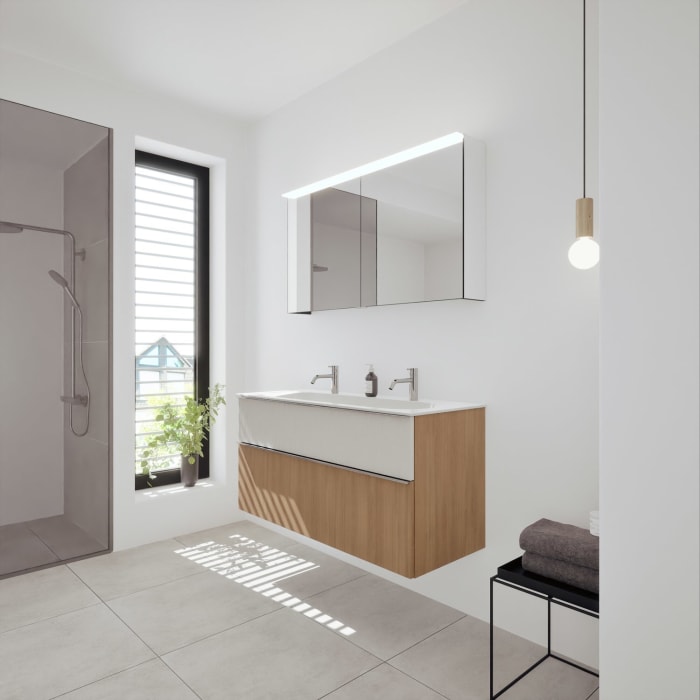 burgbad Fiumo 2.0 Badmöbelset 122 cm mit Waschtisch mit Unterschrank mit Griff G0146 und Spiegelschrank