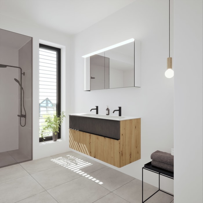 burgbad Fiumo 2.0 Badmöbelset 122 cm mit Waschtisch mit Unterschrank mit Griff G0200 und Spiegelschrank