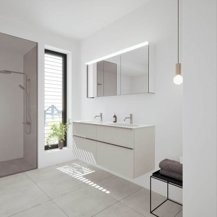 burgbad Fiumo 2.0 Badmöbelset 142 cm mit Waschtisch mit Unterschrank mit Griff G0146 und Spiegelschrank