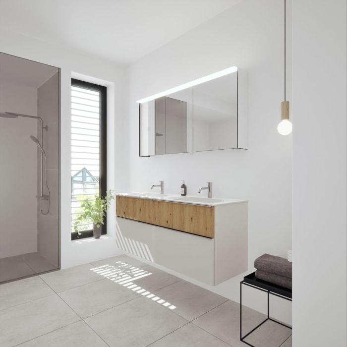 burgbad Fiumo 2.0 Badmöbelset 142 cm mit Waschtisch mit Unterschrank mit Griff G0146 und Spiegelschrank