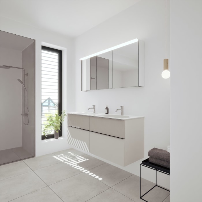 burgbad Fiumo 2.0 Badmöbelset 142 cm mit Waschtisch mit Unterschrank mit Griff G0146 und Spiegelschrank