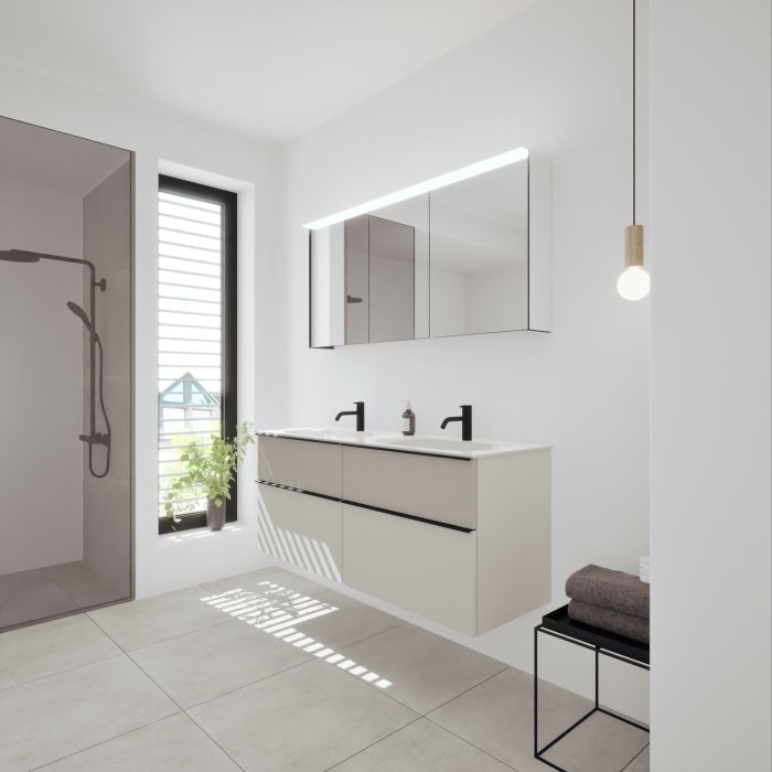 burgbad Fiumo 2.0 Badmöbelset 142 cm mit Waschtisch mit Unterschrank mit Griff G0200 und Spiegelschrank