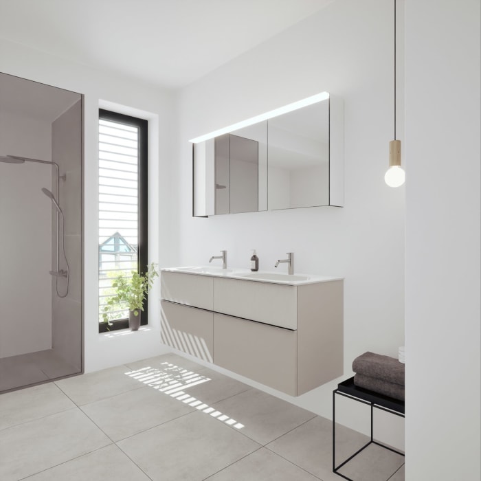 burgbad Fiumo 2.0 Badmöbelset 142 cm mit Waschtisch mit Unterschrank mit Griff G0146 und Spiegelschrank