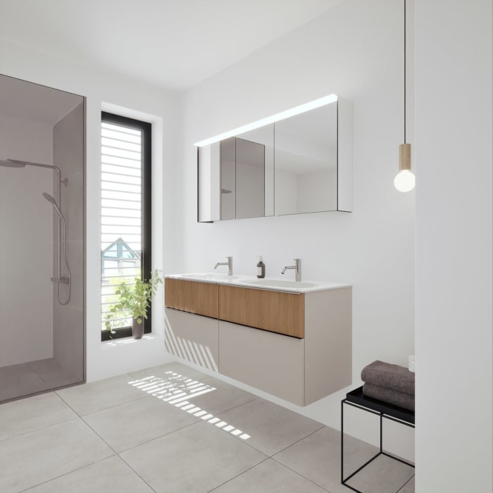 burgbad Fiumo 2.0 Badmöbelset 142 cm mit Waschtisch mit Unterschrank mit Griff G0146 und Spiegelschrank