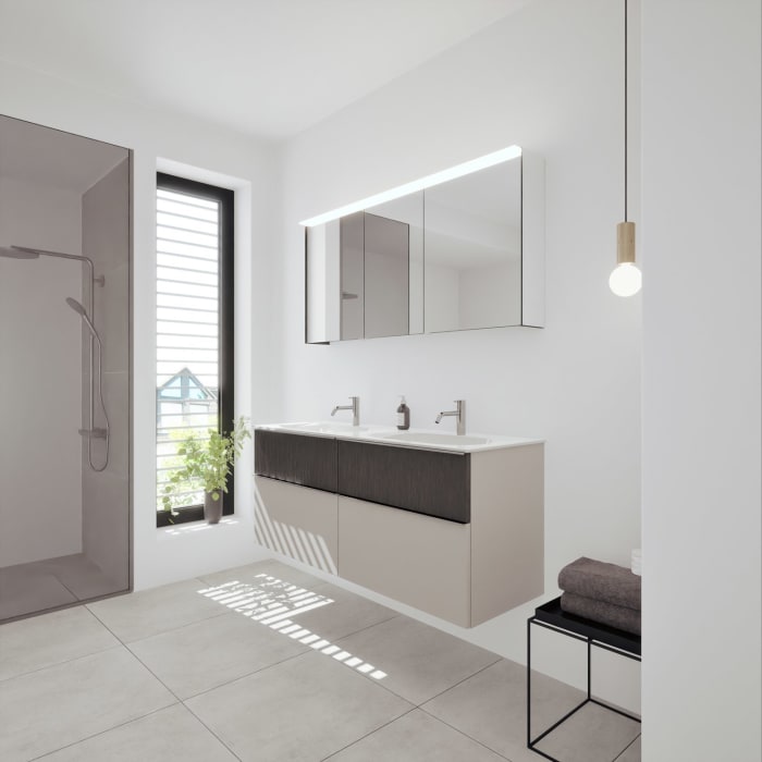 burgbad Fiumo 2.0 Badmöbelset 142 cm mit Waschtisch mit Unterschrank mit Griff G0146 und Spiegelschrank