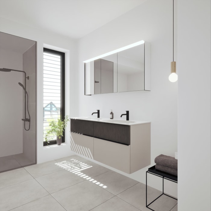 burgbad Fiumo 2.0 Badmöbelset 142 cm mit Waschtisch mit Unterschrank mit Griff G0200 und Spiegelschrank