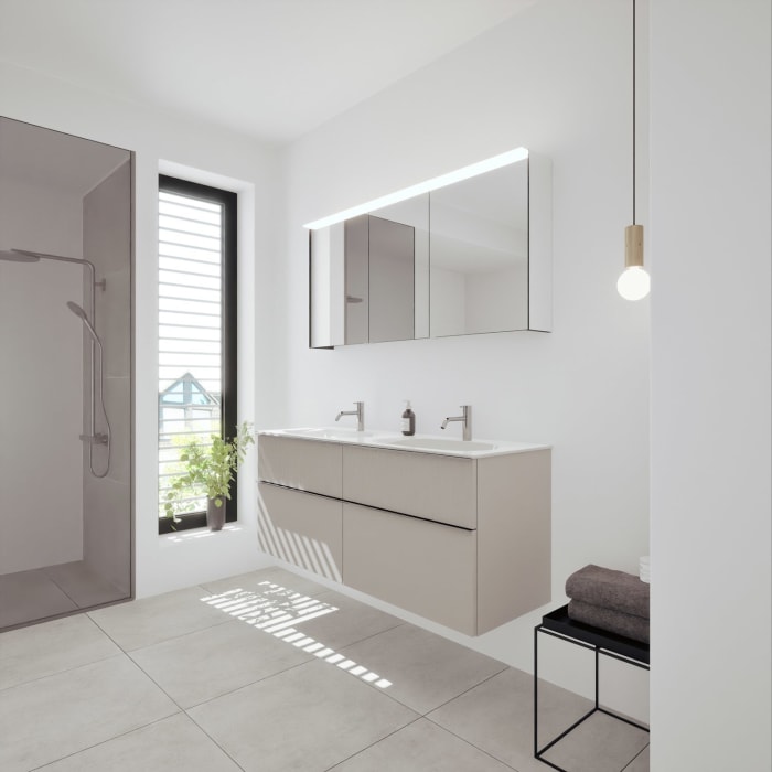 burgbad Fiumo 2.0 Badmöbelset 142 cm mit Waschtisch mit Unterschrank mit Griff G0146 und Spiegelschrank