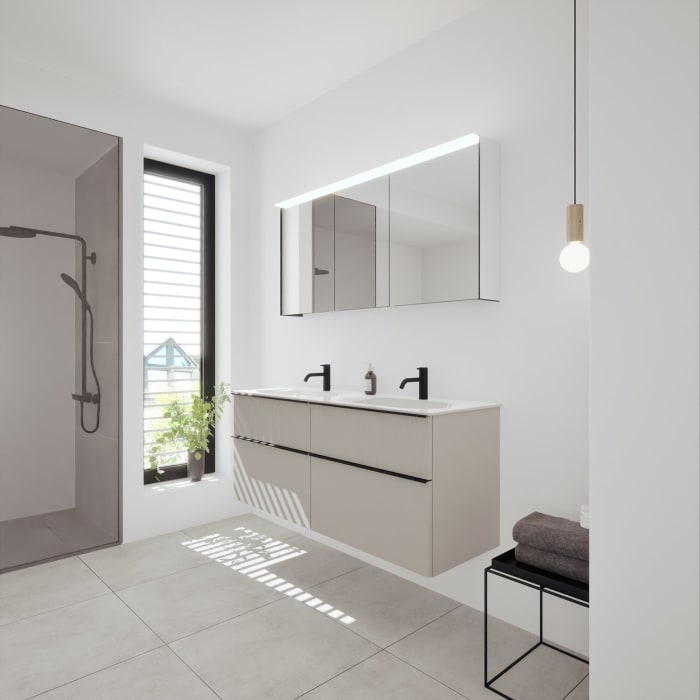 burgbad Fiumo 2.0 Badmöbelset 142 cm mit Waschtisch mit Unterschrank mit Griff G0200 und Spiegelschrank