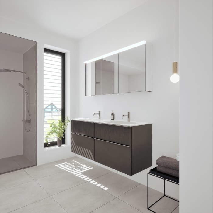 burgbad Fiumo 2.0 Badmöbelset 142 cm mit Waschtisch mit Unterschrank mit Griff G0146 und Spiegelschrank