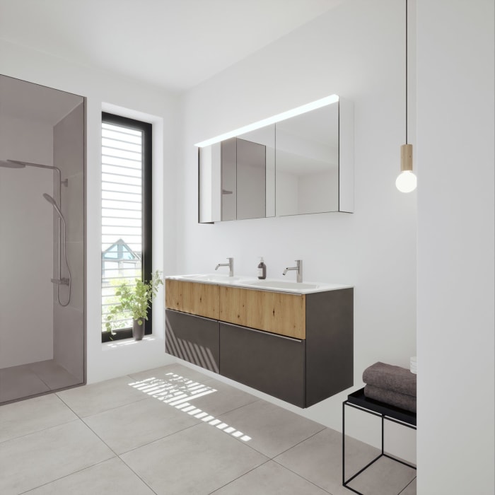 burgbad Fiumo 2.0 Badmöbelset 142 cm mit Waschtisch mit Unterschrank mit Griff G0146 und Spiegelschrank