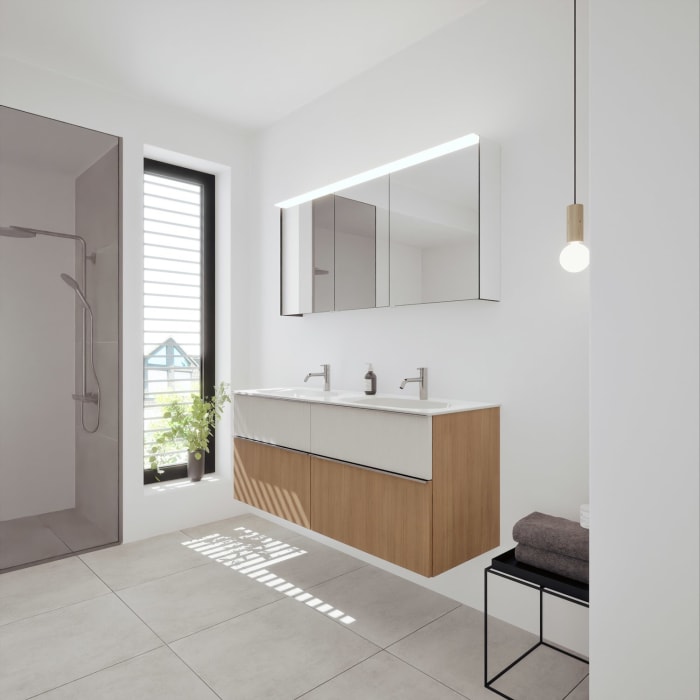 burgbad Fiumo 2.0 Badmöbelset 142 cm mit Waschtisch mit Unterschrank mit Griff G0146 und Spiegelschrank