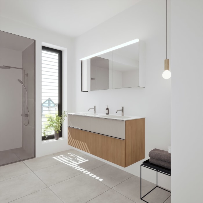 burgbad Fiumo 2.0 Badmöbelset 142 cm mit Waschtisch mit Unterschrank mit Griff G0146 und Spiegelschrank