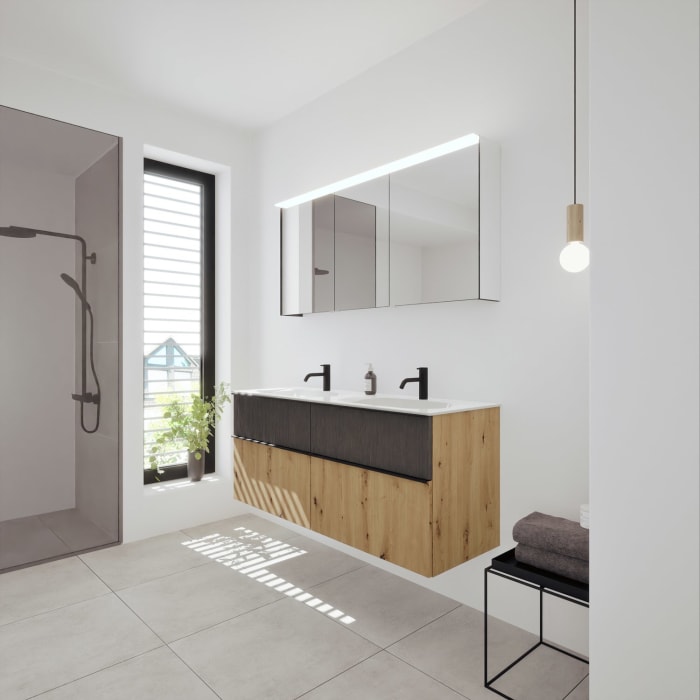 burgbad Fiumo 2.0 Badmöbelset 142 cm mit Waschtisch mit Unterschrank mit Griff G0200 und Spiegelschrank