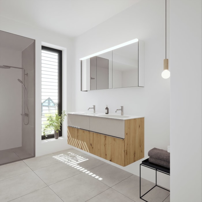 burgbad Fiumo 2.0 Badmöbelset 142 cm mit Waschtisch mit Unterschrank mit Griff G0146 und Spiegelschrank