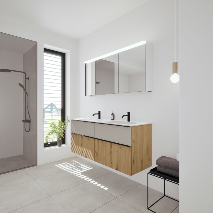 burgbad Fiumo 2.0 Badmöbelset 142 cm mit Waschtisch mit Unterschrank mit Griff G0200 und Spiegelschrank