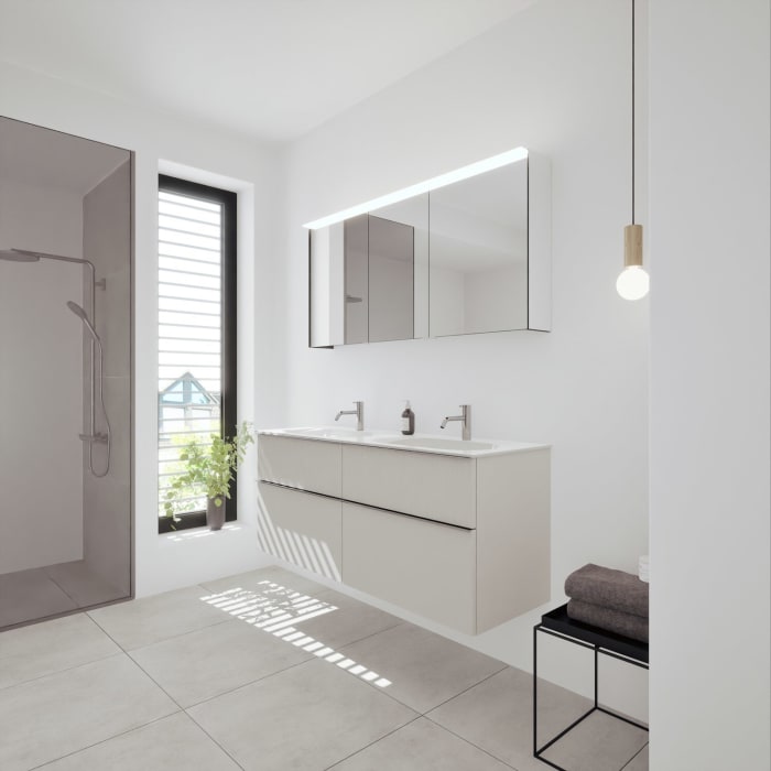 burgbad Fiumo 2.0 Badmöbelset 142 cm mit Waschtisch mit Unterschrank mit Griff G0146 und Spiegelschrank