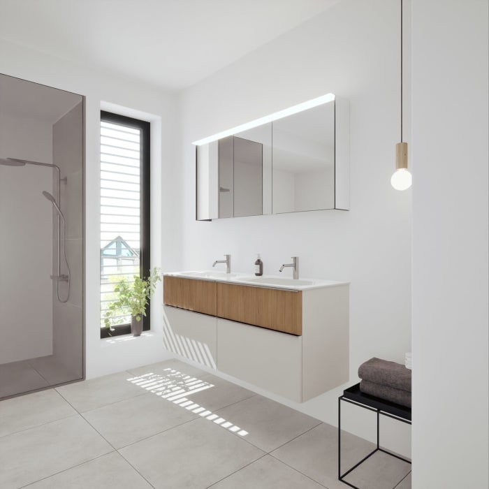 burgbad Fiumo 2.0 Badmöbelset 142 cm mit Waschtisch mit Unterschrank mit Griff G0146 und Spiegelschrank