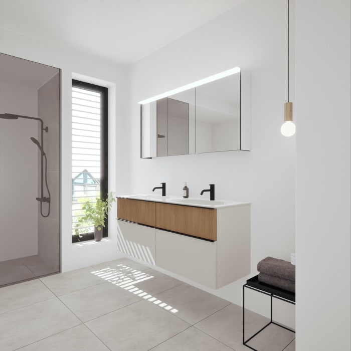 burgbad Fiumo 2.0 Badmöbelset 142 cm mit Waschtisch mit Unterschrank mit Griff G0200 und Spiegelschrank