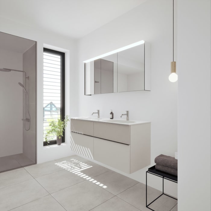 burgbad Fiumo 2.0 Badmöbelset 142 cm mit Waschtisch mit Unterschrank mit Griff G0146 und Spiegelschrank