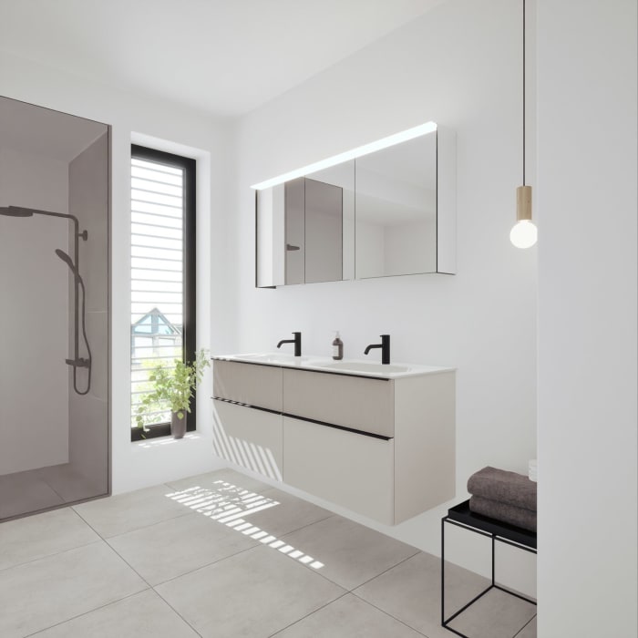 burgbad Fiumo 2.0 Badmöbelset 142 cm mit Waschtisch mit Unterschrank mit Griff G0200 und Spiegelschrank