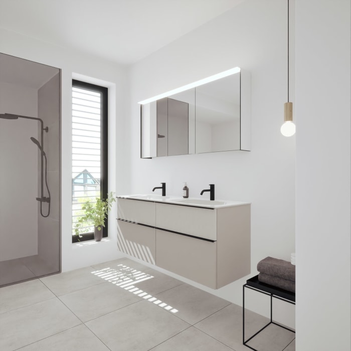 burgbad Fiumo 2.0 Badmöbelset 142 cm mit Waschtisch mit Unterschrank mit Griff G0200 und Spiegelschrank