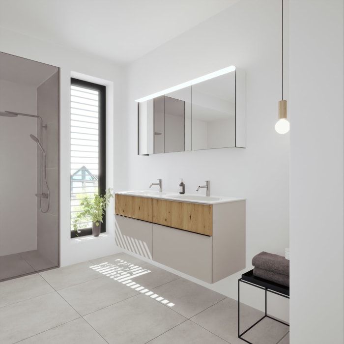 burgbad Fiumo 2.0 Badmöbelset 142 cm mit Waschtisch mit Unterschrank mit Griff G0146 und Spiegelschrank