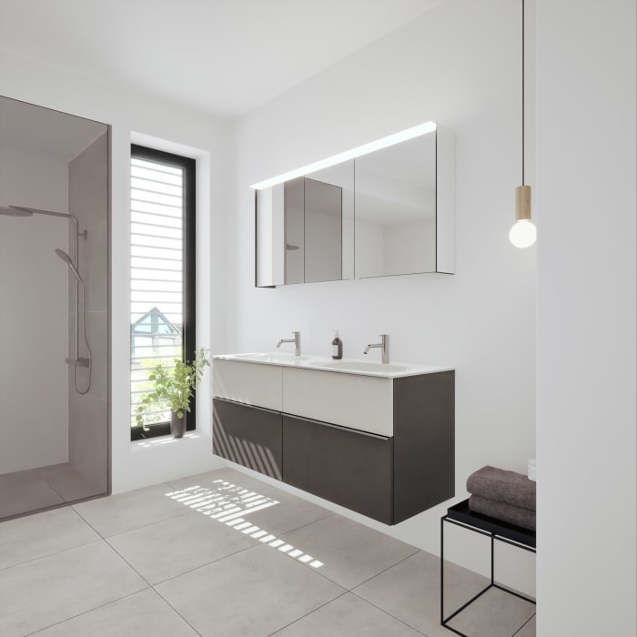 burgbad Fiumo 2.0 Badmöbelset 142 cm mit Waschtisch mit Unterschrank mit Griff G0146 und Spiegelschrank